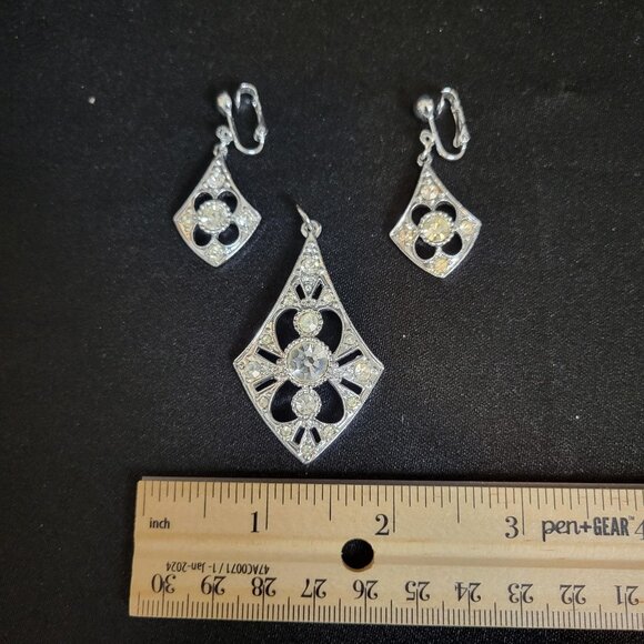Sarah Coventry "Lites" Silver-tone Pendant & Clip-on Earrings Set Rhinestone VTG - Picture 4 of 6